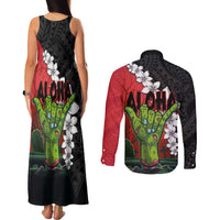 Hawaiian Halloween Couples Matching Tank Maxi Dress and Long Sleeve Button Shirt Horror Shaka Hand with Plumeria and Polynesian Tattoo Blood Color LT03 - Polynesian Pride