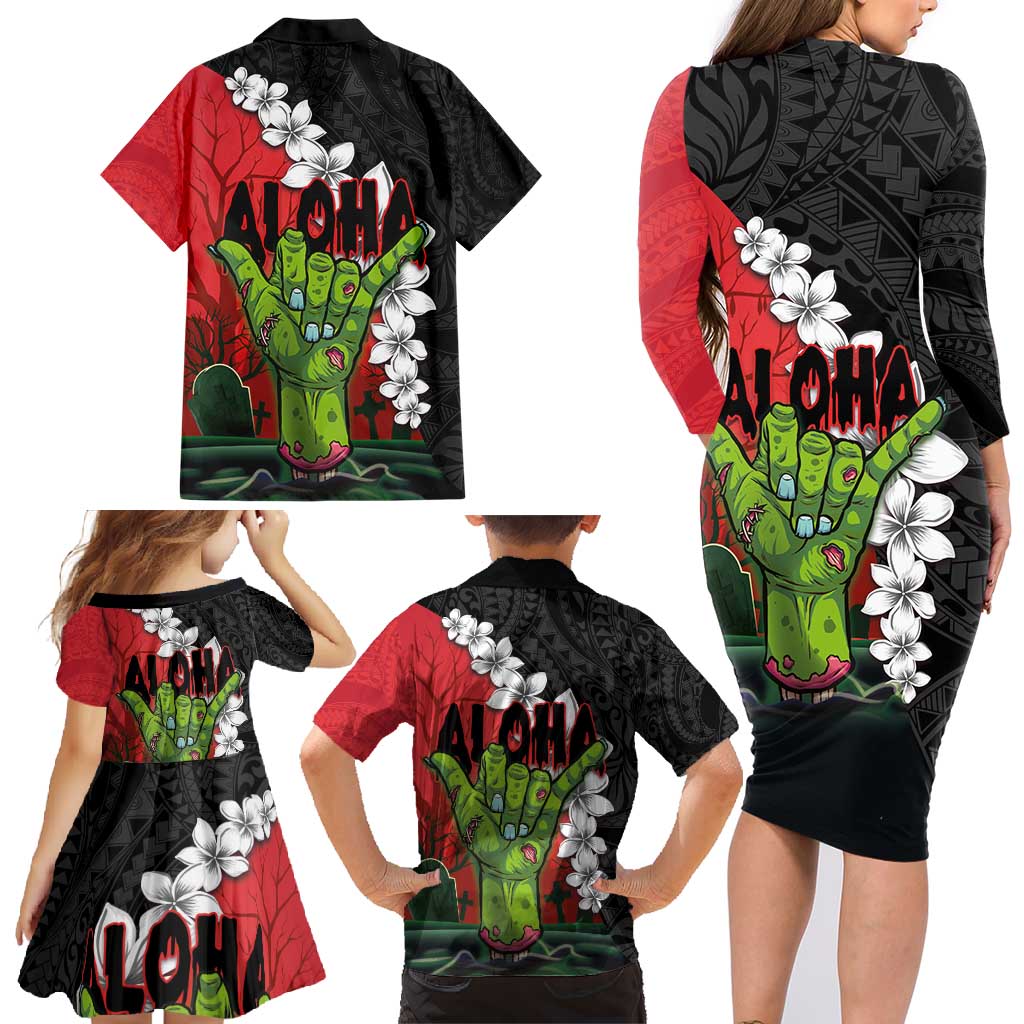 Hawaiian Halloween Family Matching Long Sleeve Bodycon Dress and Hawaiian Shirt Horror Shaka Hand with Plumeria and Polynesian Tattoo Blood Color LT03 - Polynesian Pride