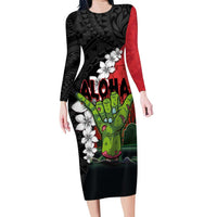 Hawaiian Halloween Family Matching Long Sleeve Bodycon Dress and Hawaiian Shirt Horror Shaka Hand with Plumeria and Polynesian Tattoo Blood Color LT03 Mom's Dress Red - Polynesian Pride