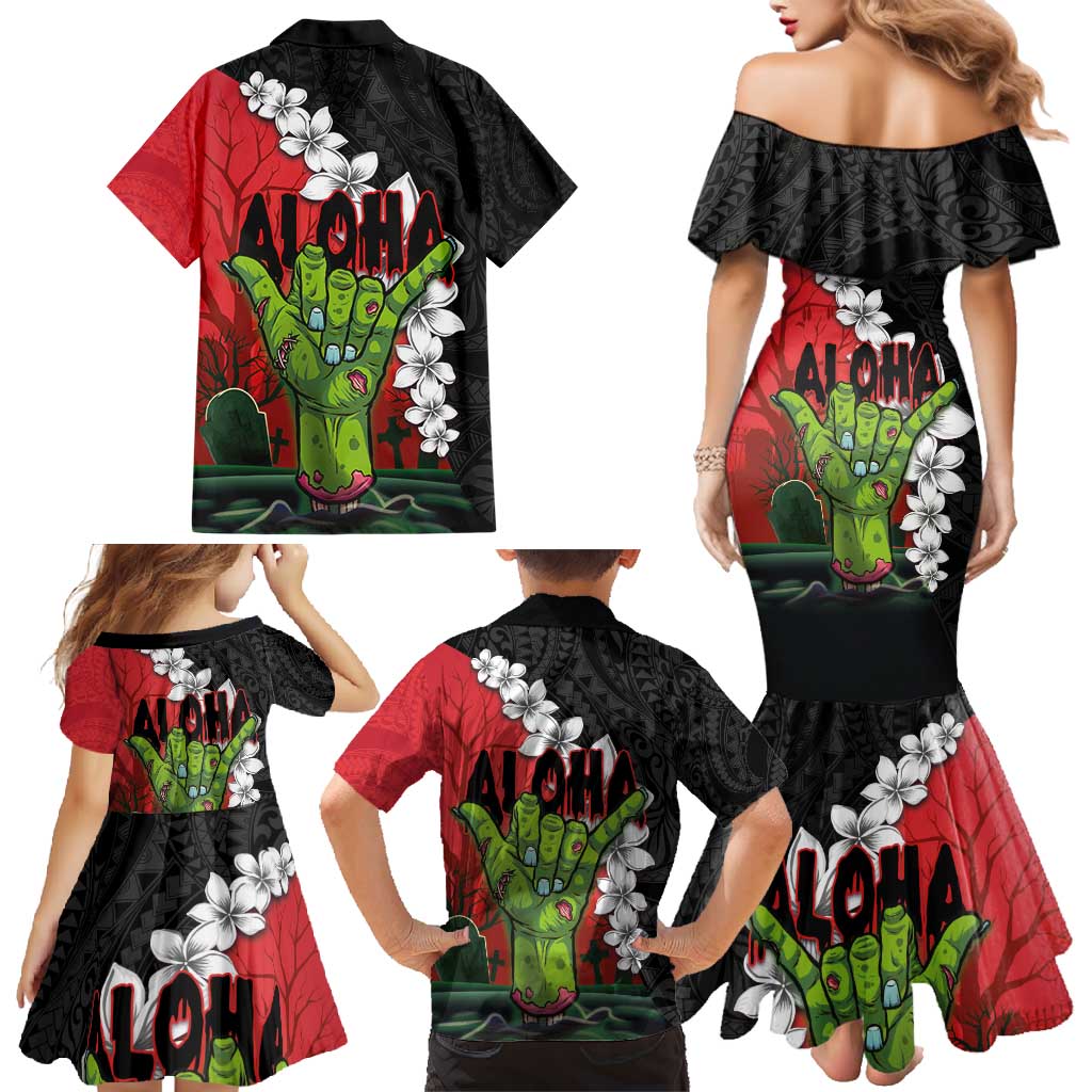 Hawaiian Halloween Family Matching Mermaid Dress and Hawaiian Shirt Horror Shaka Hand with Plumeria and Polynesian Tattoo Blood Color LT03 - Polynesian Pride