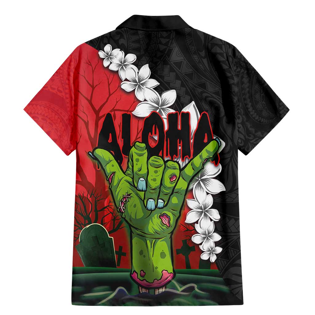 Hawaiian Halloween Family Matching Mermaid Dress and Hawaiian Shirt Horror Shaka Hand with Plumeria and Polynesian Tattoo Blood Color LT03 - Polynesian Pride