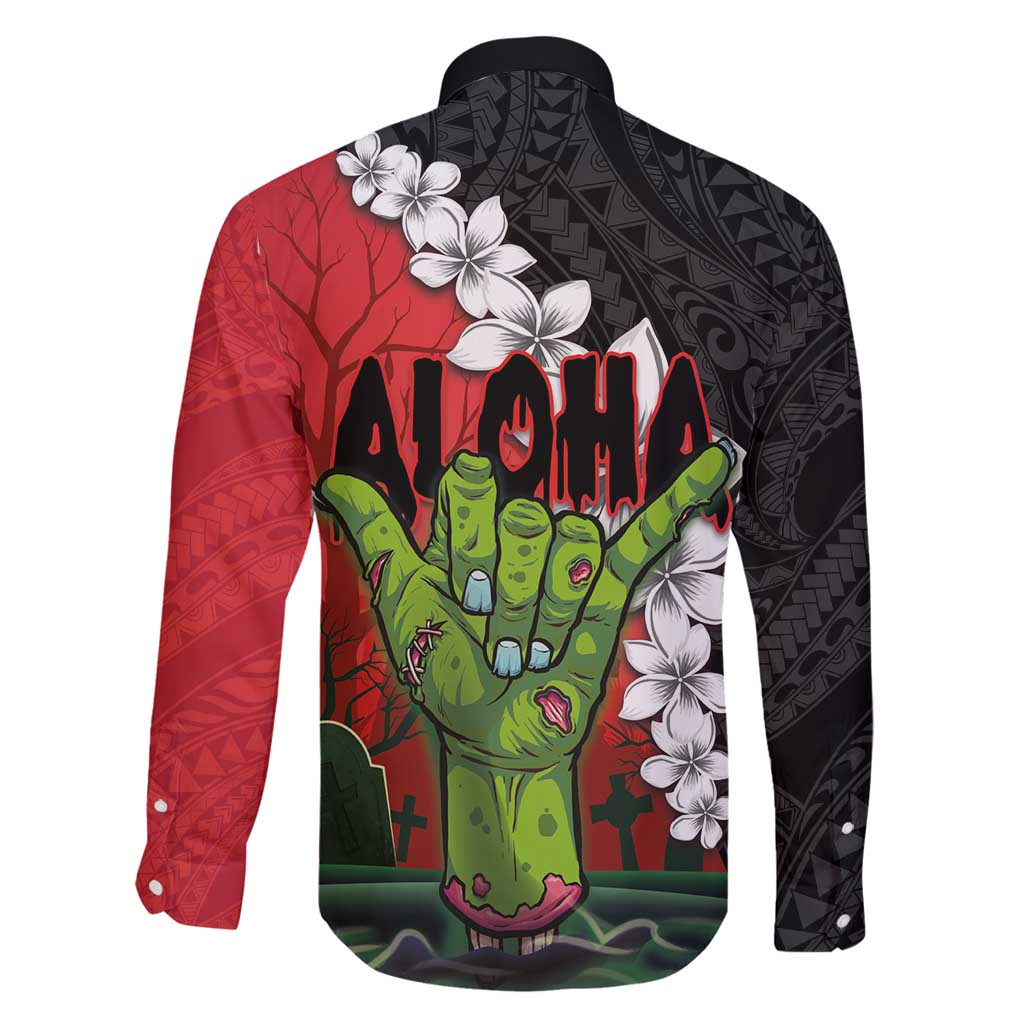 Hawaiian Halloween Family Matching Mermaid Dress and Hawaiian Shirt Horror Shaka Hand with Plumeria and Polynesian Tattoo Blood Color LT03 - Polynesian Pride