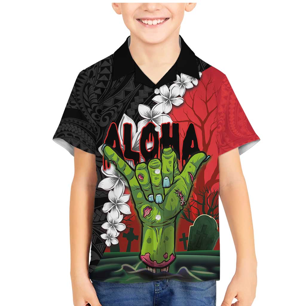 Hawaiian Halloween Family Matching Mermaid Dress and Hawaiian Shirt Horror Shaka Hand with Plumeria and Polynesian Tattoo Blood Color LT03 Son's Shirt Red - Polynesian Pride