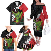Hawaiian Halloween Family Matching Off The Shoulder Long Sleeve Dress and Hawaiian Shirt Horror Shaka Hand with Plumeria and Polynesian Tattoo Blood Color LT03 - Polynesian Pride