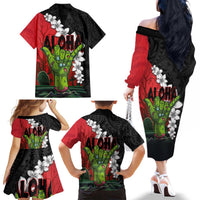 Hawaiian Halloween Family Matching Off The Shoulder Long Sleeve Dress and Hawaiian Shirt Horror Shaka Hand with Plumeria and Polynesian Tattoo Blood Color LT03 - Polynesian Pride