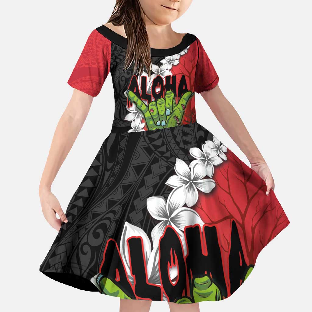 Hawaiian Halloween Family Matching Off Shoulder Maxi Dress and Hawaiian Shirt Horror Shaka Hand with Plumeria and Polynesian Tattoo Blood Color LT03 Daughter's Dress Red - Polynesian Pride