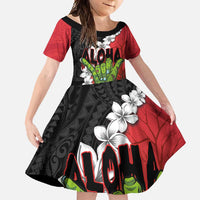 Hawaiian Halloween Family Matching Off Shoulder Maxi Dress and Hawaiian Shirt Horror Shaka Hand with Plumeria and Polynesian Tattoo Blood Color LT03 Daughter's Dress Red - Polynesian Pride