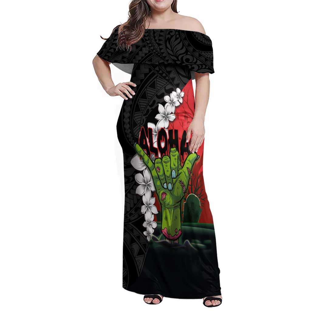 Hawaiian Halloween Family Matching Off Shoulder Maxi Dress and Hawaiian Shirt Horror Shaka Hand with Plumeria and Polynesian Tattoo Blood Color LT03 Mom's Dress Red - Polynesian Pride