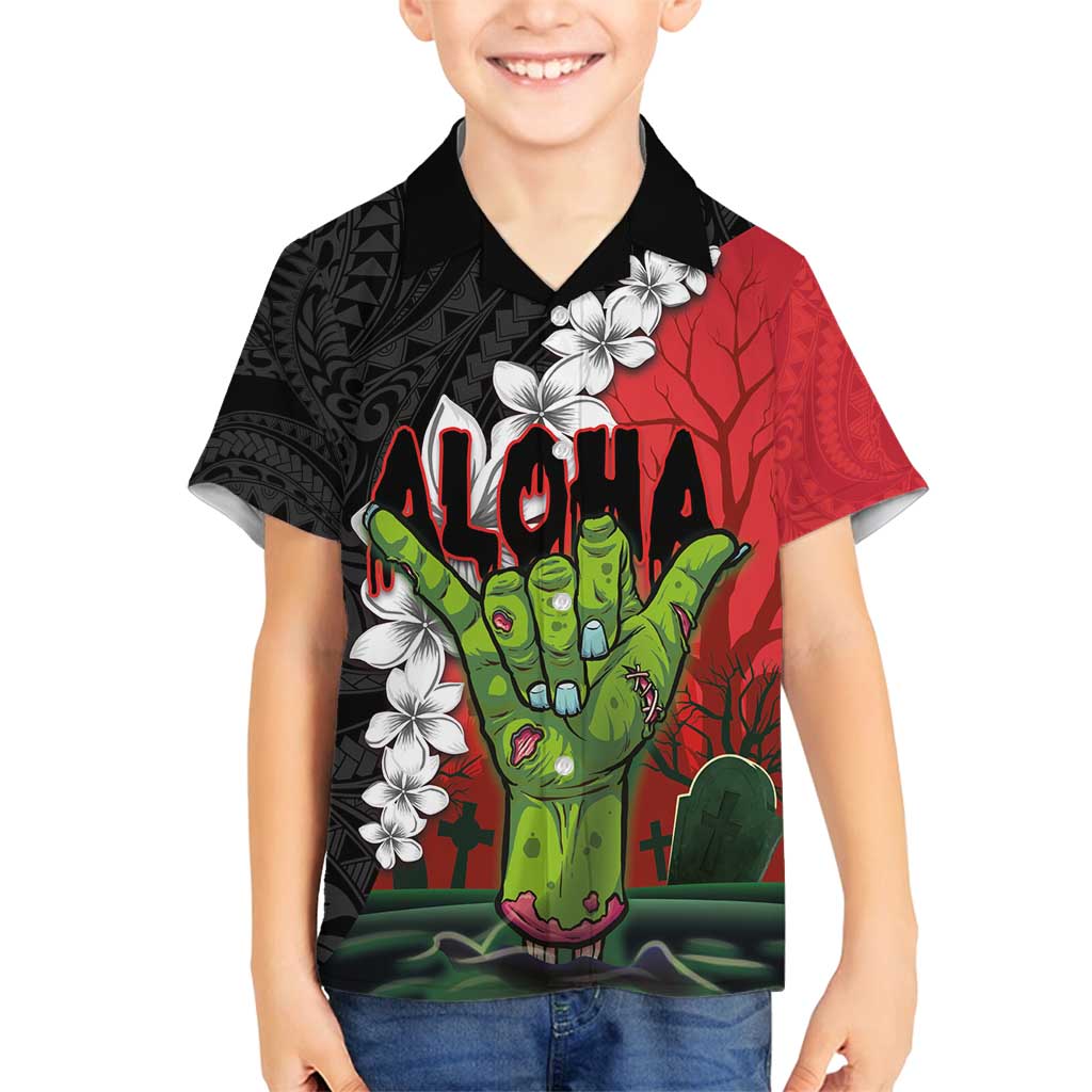 Hawaiian Halloween Family Matching Off Shoulder Maxi Dress and Hawaiian Shirt Horror Shaka Hand with Plumeria and Polynesian Tattoo Blood Color LT03 Son's Shirt Red - Polynesian Pride