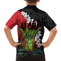 Hawaiian Halloween Family Matching Off Shoulder Short Dress and Hawaiian Shirt Horror Shaka Hand with Plumeria and Polynesian Tattoo Blood Color LT03 - Polynesian Pride