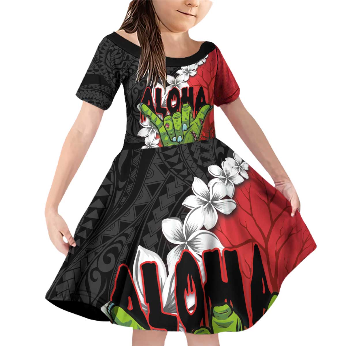 Hawaiian Halloween Family Matching Off Shoulder Short Dress and Hawaiian Shirt Horror Shaka Hand with Plumeria and Polynesian Tattoo Blood Color LT03 Daughter's Dress Red - Polynesian Pride