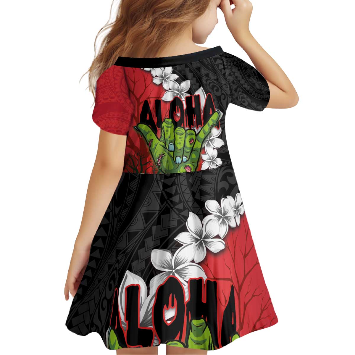 Hawaiian Halloween Family Matching Off Shoulder Short Dress and Hawaiian Shirt Horror Shaka Hand with Plumeria and Polynesian Tattoo Blood Color LT03 - Polynesian Pride