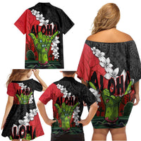 Hawaiian Halloween Family Matching Off Shoulder Short Dress and Hawaiian Shirt Horror Shaka Hand with Plumeria and Polynesian Tattoo Blood Color LT03 - Polynesian Pride