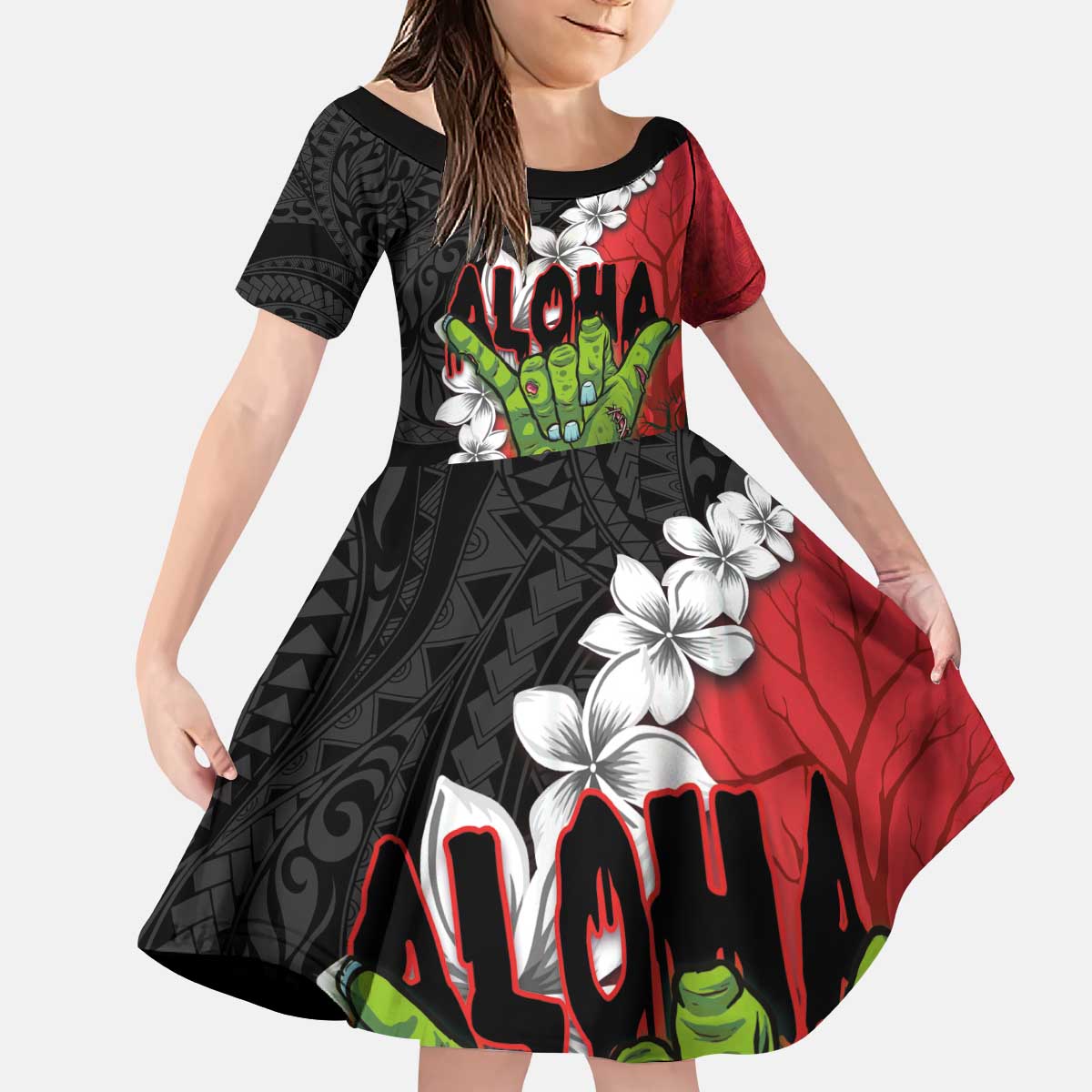 Hawaiian Halloween Family Matching Puletasi and Hawaiian Shirt Horror Shaka Hand with Plumeria and Polynesian Tattoo Blood Color LT03 Daughter's Dress Red - Polynesian Pride