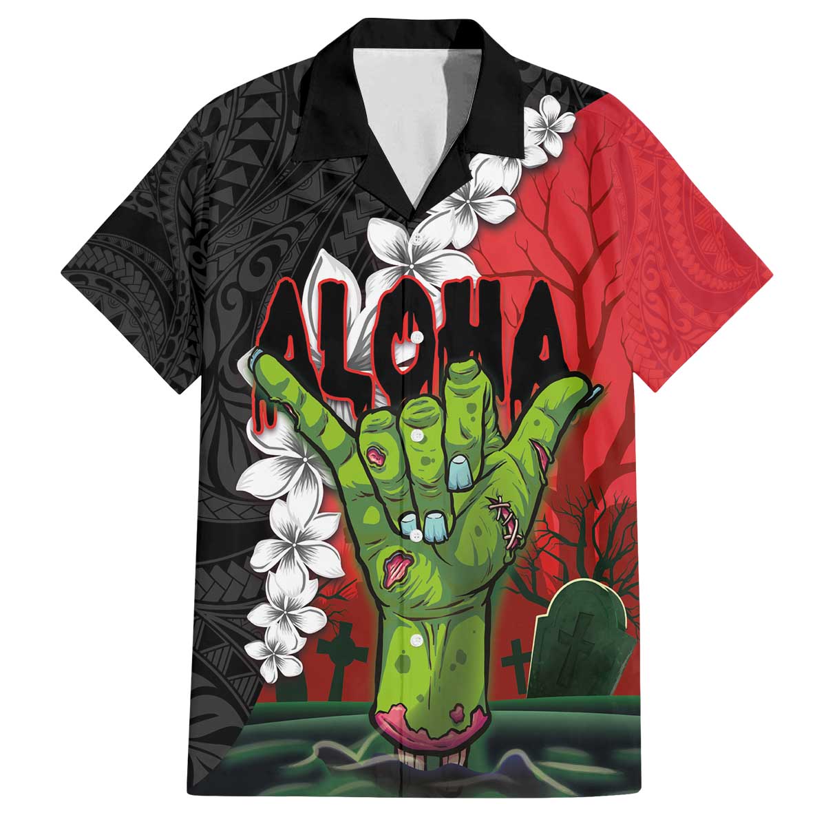Hawaiian Halloween Family Matching Puletasi and Hawaiian Shirt Horror Shaka Hand with Plumeria and Polynesian Tattoo Blood Color LT03 Dad's Shirt - Short Sleeve Red - Polynesian Pride