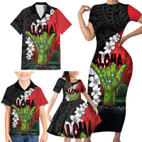 Hawaiian Halloween Family Matching Short Sleeve Bodycon Dress and Hawaiian Shirt Horror Shaka Hand with Plumeria and Polynesian Tattoo Blood Color LT03 - Polynesian Pride