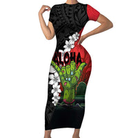 Hawaiian Halloween Family Matching Short Sleeve Bodycon Dress and Hawaiian Shirt Horror Shaka Hand with Plumeria and Polynesian Tattoo Blood Color LT03 Mom's Dress Red - Polynesian Pride