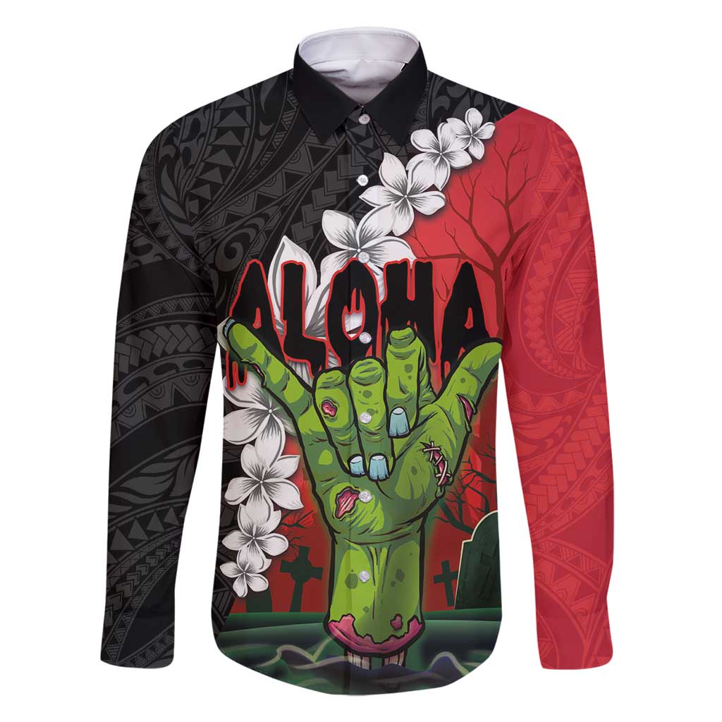 Hawaiian Halloween Family Matching Tank Maxi Dress and Hawaiian Shirt Horror Shaka Hand with Plumeria and Polynesian Tattoo Blood Color LT03 Dad's Shirt - Long Sleeve Red - Polynesian Pride