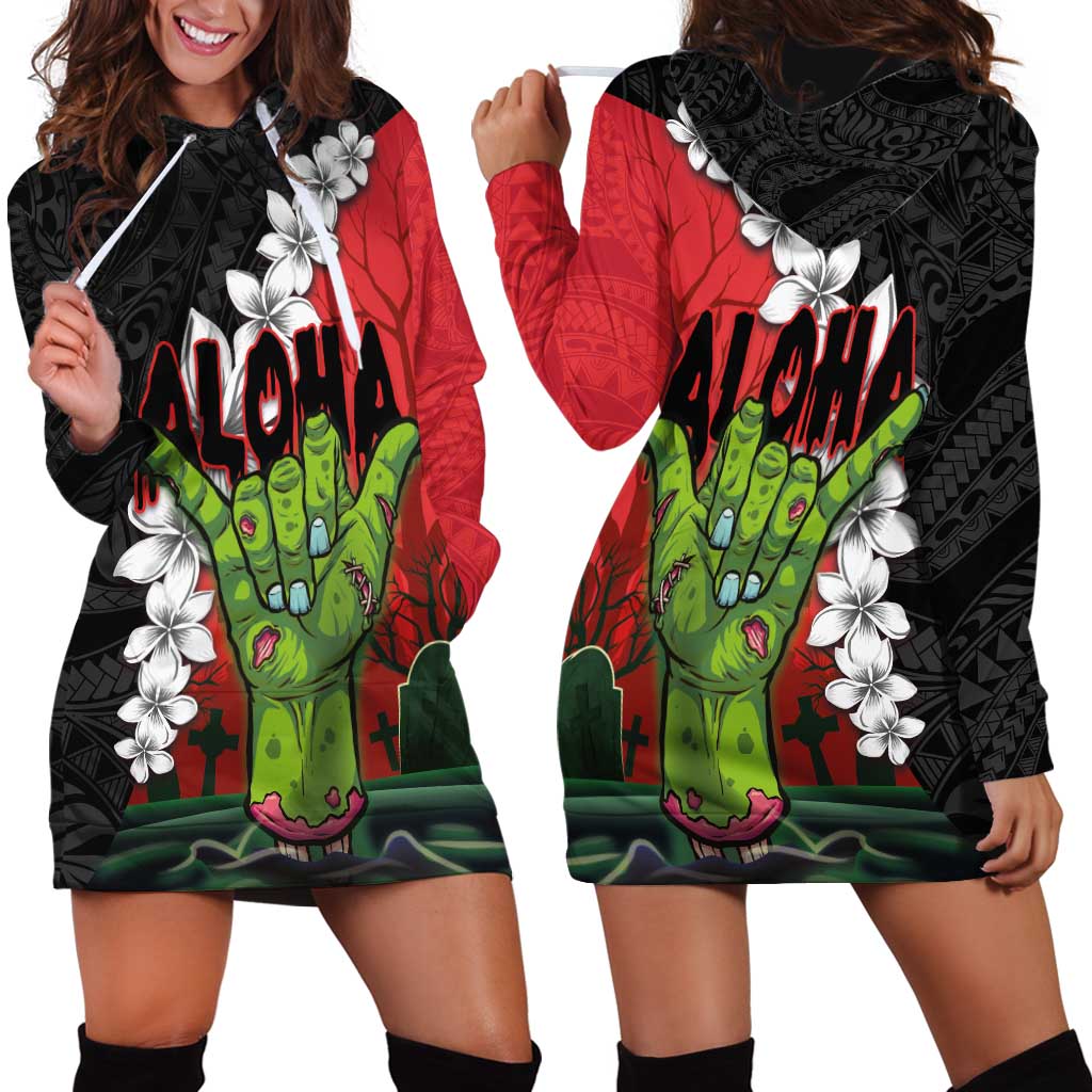 Hawaiian Halloween Hoodie Dress Horror Shaka Hand with Plumeria and Polynesian Tattoo Blood Color LT03 - Polynesian Pride