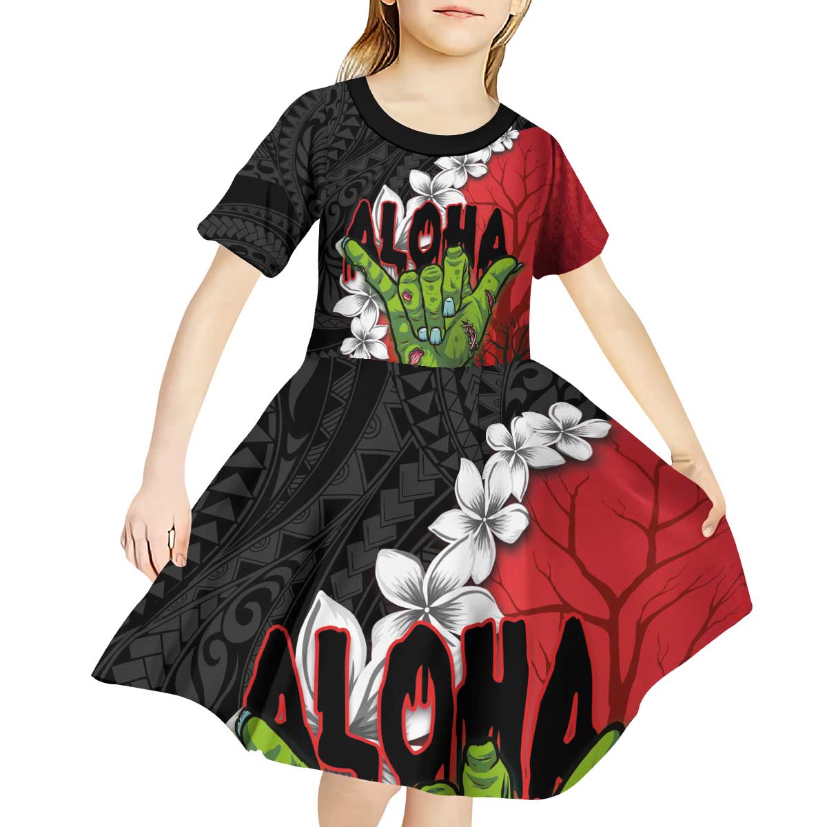 Hawaiian Halloween Kid Short Sleeve Dress Horror Shaka Hand with Plumeria and Polynesian Tattoo Blood Color LT03 - Polynesian Pride