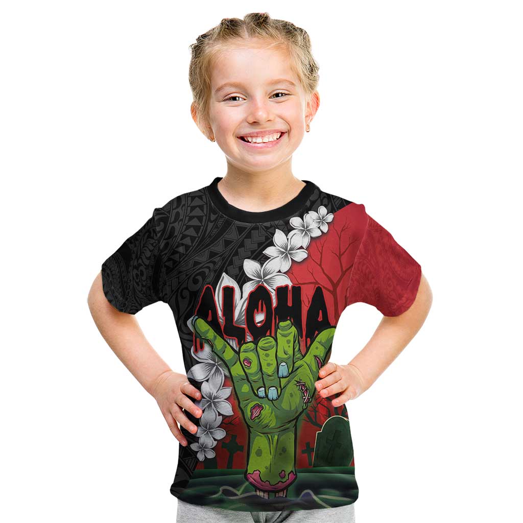 Hawaiian Halloween Kid T Shirt Horror Shaka Hand with Plumeria and Polynesian Tattoo Blood Color