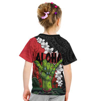 Hawaiian Halloween Kid T Shirt Horror Shaka Hand with Plumeria and Polynesian Tattoo Blood Color
