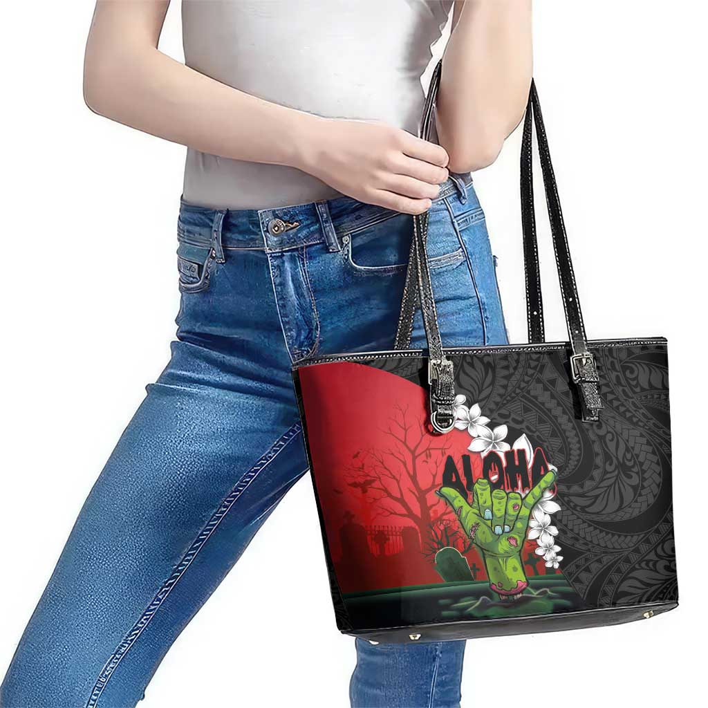 Hawaiian Halloween Leather Tote Bag Horror Shaka Hand with Plumeria and Polynesian Tattoo Blood Color