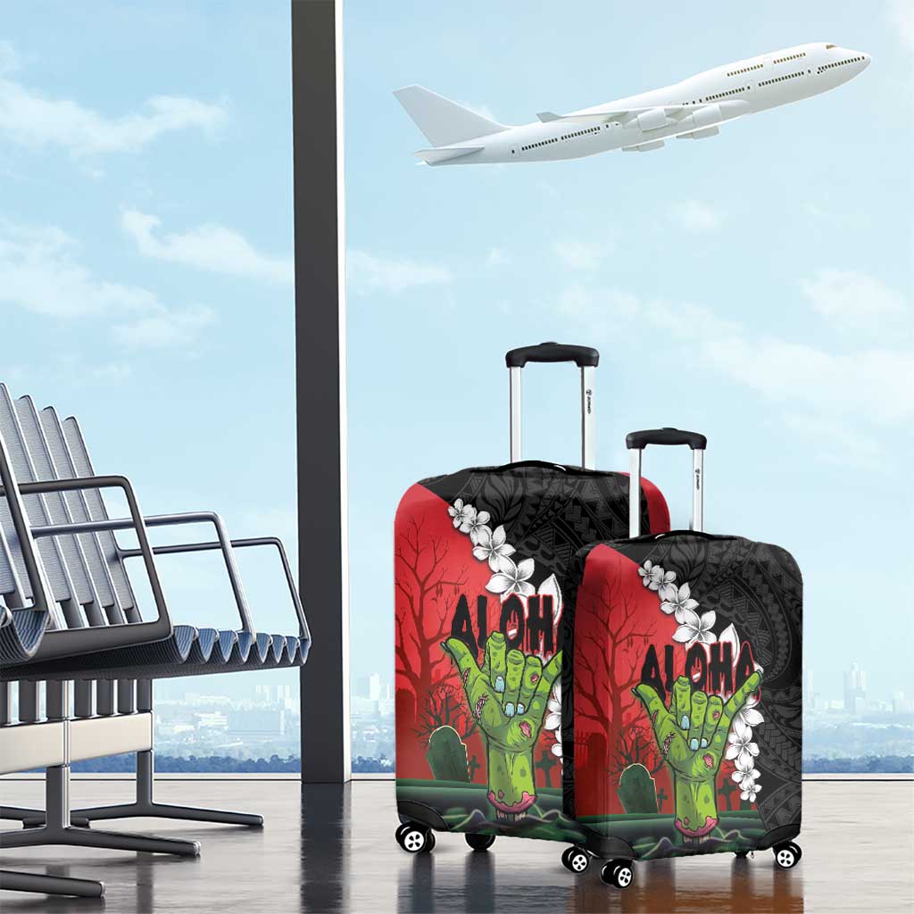Hawaiian Halloween Luggage Cover Horror Shaka Hand with Plumeria and Polynesian Tattoo Blood Color