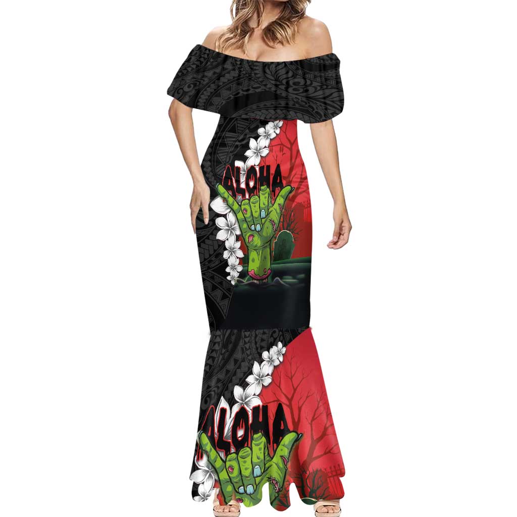Hawaiian Halloween Mermaid Dress Horror Shaka Hand with Plumeria and Polynesian Tattoo Blood Color LT03 - Polynesian Pride