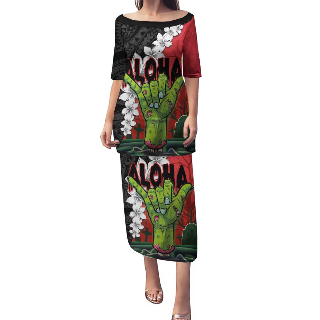 Hawaiian Halloween Puletasi Horror Shaka Hand with Plumeria and Polynesian Tattoo Blood Color
