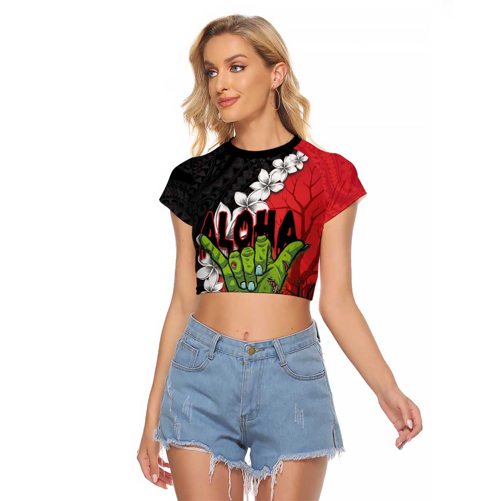 Hawaiian Halloween Raglan Cropped T Shirt Horror Shaka Hand with Plumeria and Polynesian Tattoo Blood Color