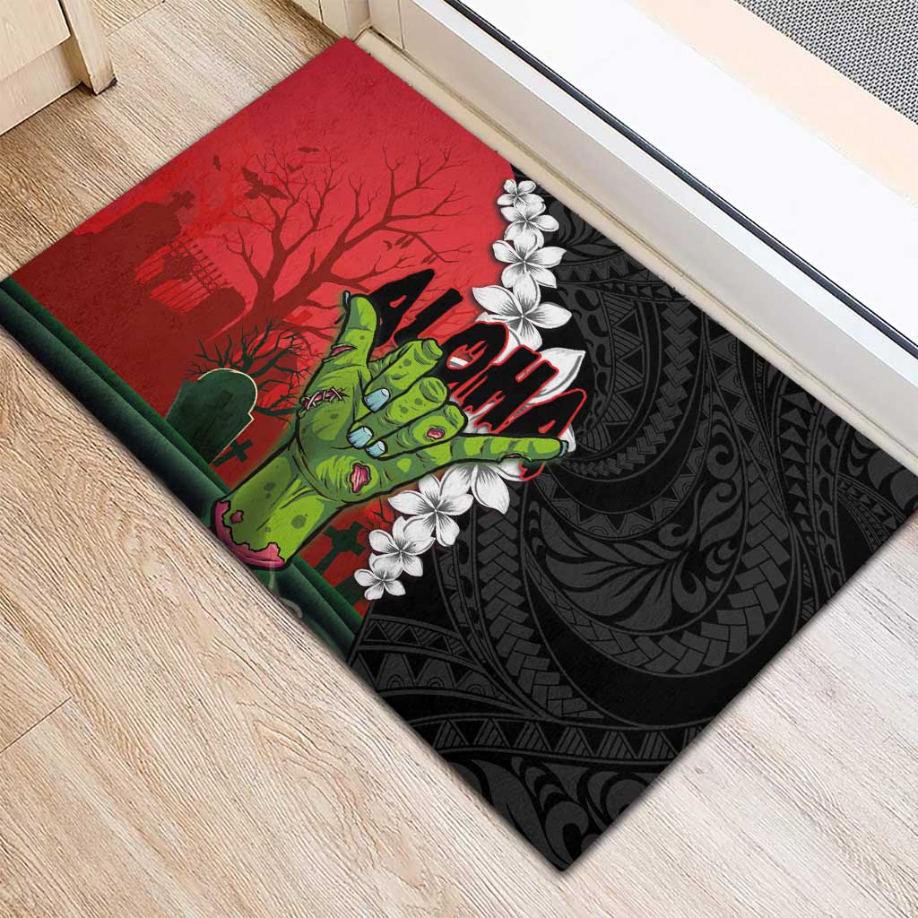 Hawaiian Halloween Rubber Doormat Horror Shaka Hand with Plumeria and Polynesian Tattoo Blood Color