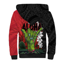 Hawaiian Halloween Sherpa Hoodie Horror Shaka Hand with Plumeria and Polynesian Tattoo Blood Color LT03 - Polynesian Pride