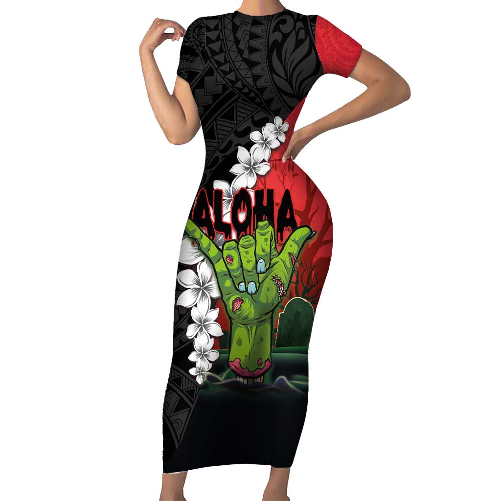 Hawaiian Halloween Short Sleeve Bodycon Dress Horror Shaka Hand with Plumeria and Polynesian Tattoo Blood Color LT03 Long Dress Red - Polynesian Pride