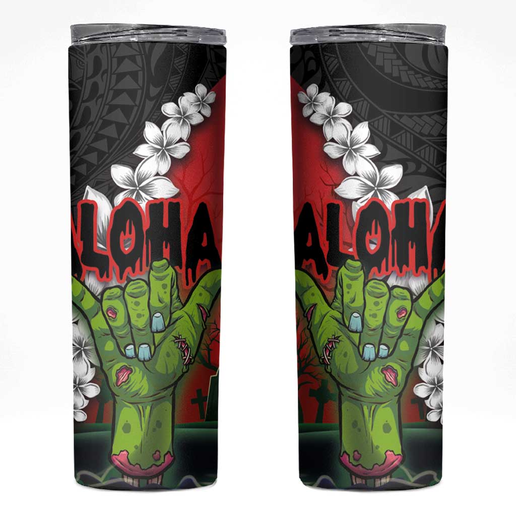 Hawaiian Halloween Skinny Tumbler Horror Shaka Hand with Plumeria and Polynesian Tattoo Blood Color LT03 Red - Polynesian Pride