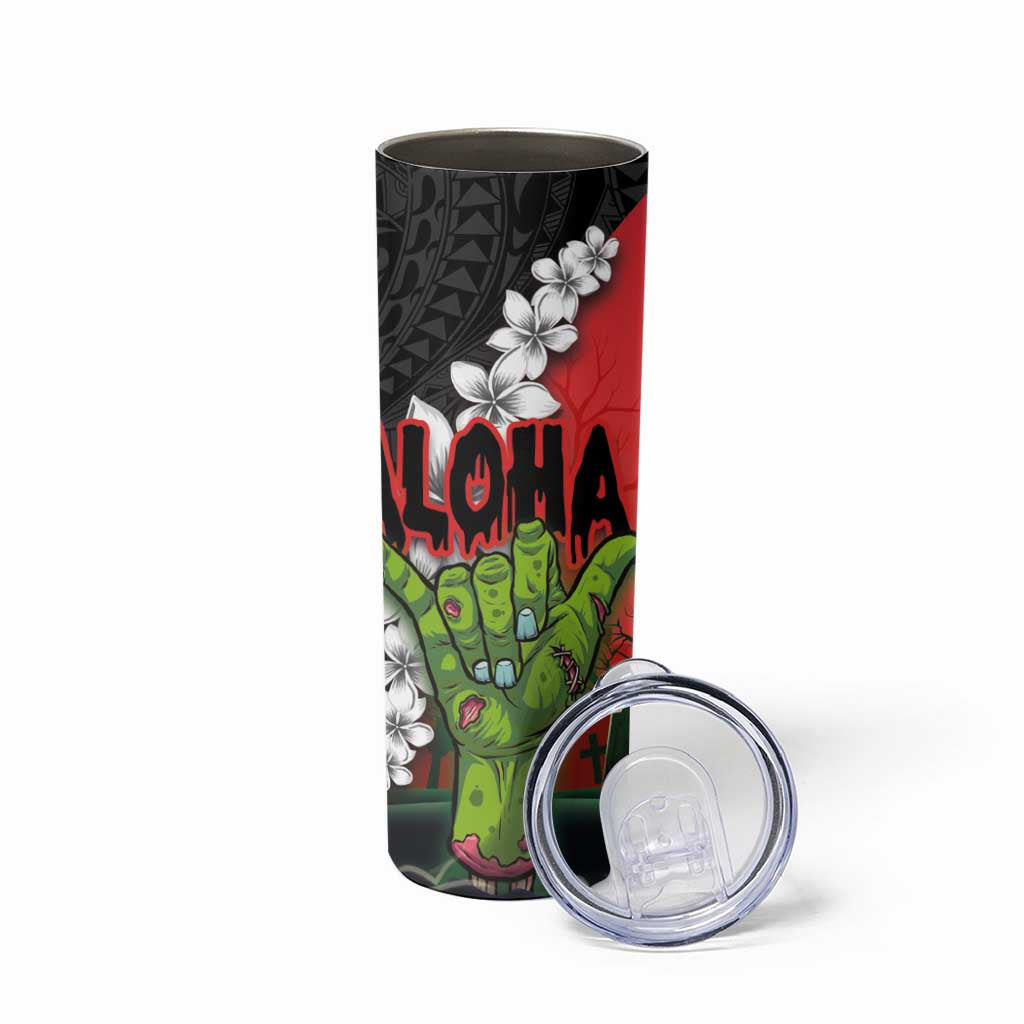 Hawaiian Halloween Skinny Tumbler Horror Shaka Hand with Plumeria and Polynesian Tattoo Blood Color LT03 - Polynesian Pride