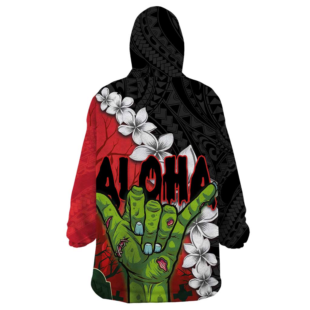 Hawaiian Halloween Wearable Blanket Hoodie Horror Shaka Hand with Plumeria and Polynesian Tattoo Blood Color LT03 - Polynesian Pride