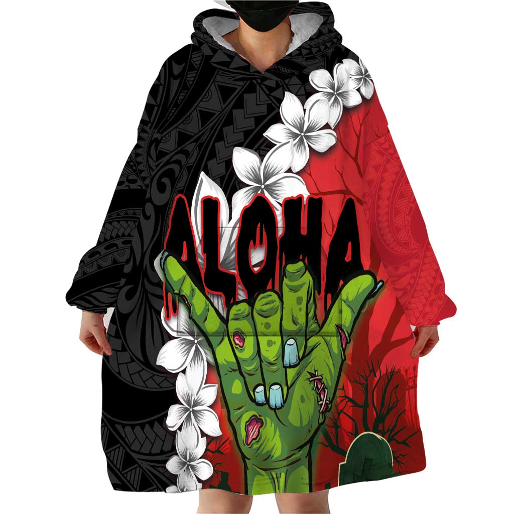 Hawaiian Halloween Wearable Blanket Hoodie Horror Shaka Hand with Plumeria and Polynesian Tattoo Blood Color LT03 - Polynesian Pride