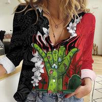 Hawaiian Halloween Women Casual Shirt Horror Shaka Hand with Plumeria and Polynesian Tattoo Blood Color LT03 Female Red - Polynesian Pride