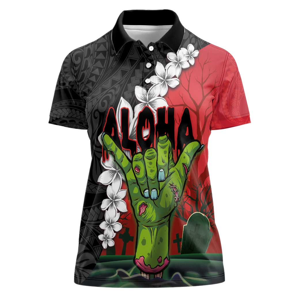 Hawaiian Halloween Women Polo Shirt Horror Shaka Hand with Plumeria and Polynesian Tattoo Blood Color LT03 Female Red - Polynesian Pride