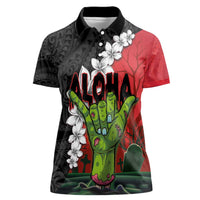 Hawaiian Halloween Women Polo Shirt Horror Shaka Hand with Plumeria and Polynesian Tattoo Blood Color LT03 Female Red - Polynesian Pride