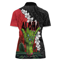Hawaiian Halloween Women Polo Shirt Horror Shaka Hand with Plumeria and Polynesian Tattoo Blood Color LT03 - Polynesian Pride