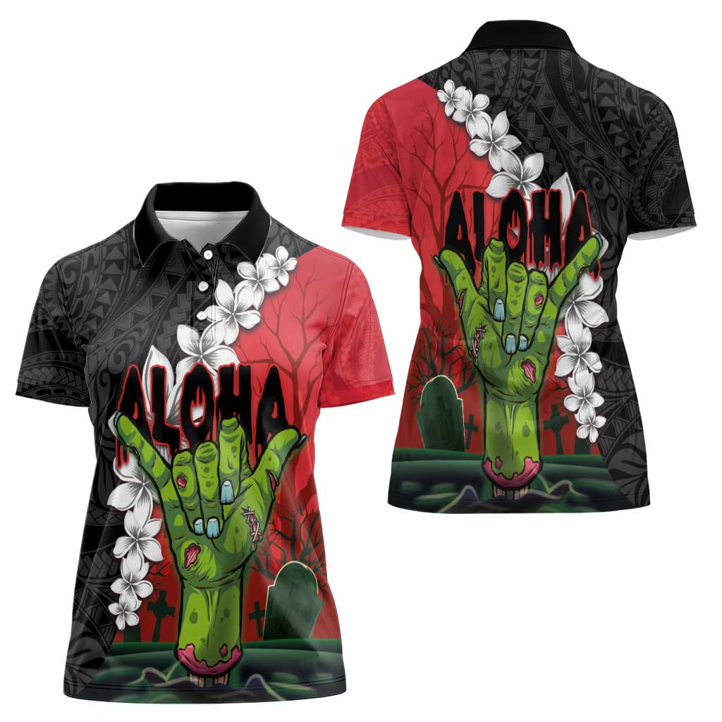 Hawaiian Halloween Women Polo Shirt Horror Shaka Hand with Plumeria and Polynesian Tattoo Blood Color LT03 - Polynesian Pride