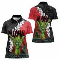 Hawaiian Halloween Women Polo Shirt Horror Shaka Hand with Plumeria and Polynesian Tattoo Blood Color LT03 - Polynesian Pride
