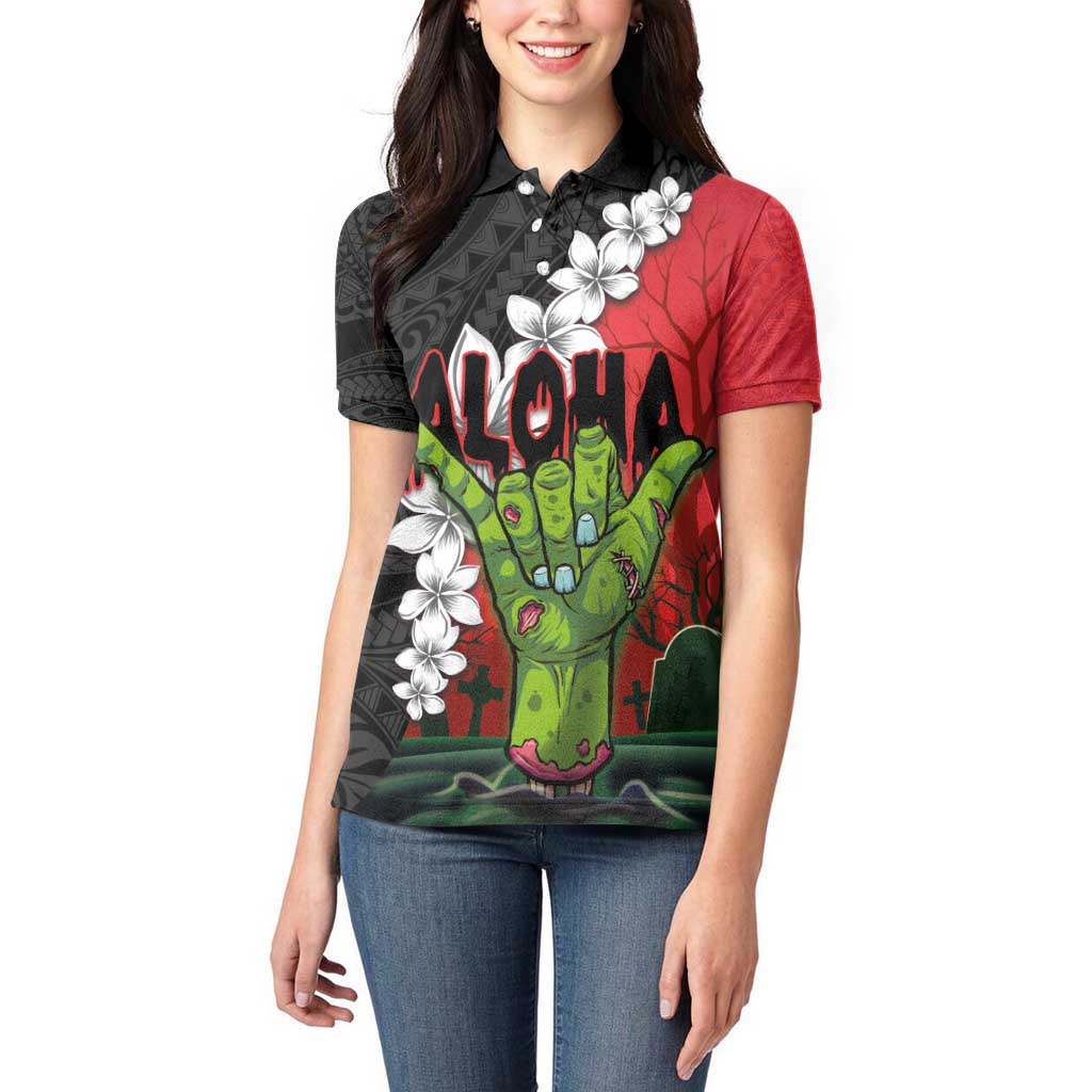 Hawaiian Halloween Women Polo Shirt Horror Shaka Hand with Plumeria and Polynesian Tattoo Blood Color LT03 - Polynesian Pride
