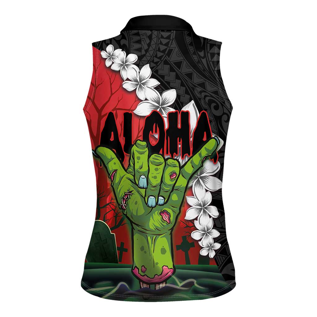 Hawaiian Halloween Women Sleeveless Polo Shirt Horror Shaka Hand with Plumeria and Polynesian Tattoo Blood Color