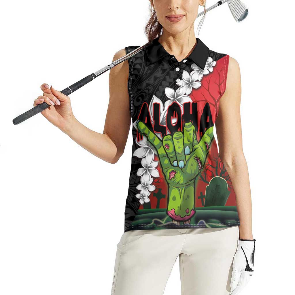 Hawaiian Halloween Women Sleeveless Polo Shirt Horror Shaka Hand with Plumeria and Polynesian Tattoo Blood Color