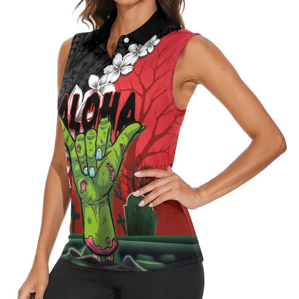 Hawaiian Halloween Women Sleeveless Polo Shirt Horror Shaka Hand with Plumeria and Polynesian Tattoo Blood Color