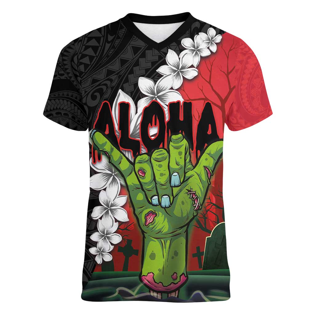 Hawaiian Halloween Women V-Neck T-Shirt Horror Shaka Hand with Plumeria and Polynesian Tattoo Blood Color