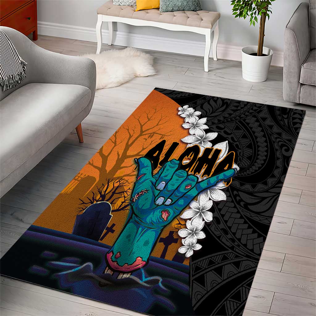Hawaiian Halloween Area Rug Horror Shaka Hand with Plumeria and Polynesian Tattoo Autumn Color